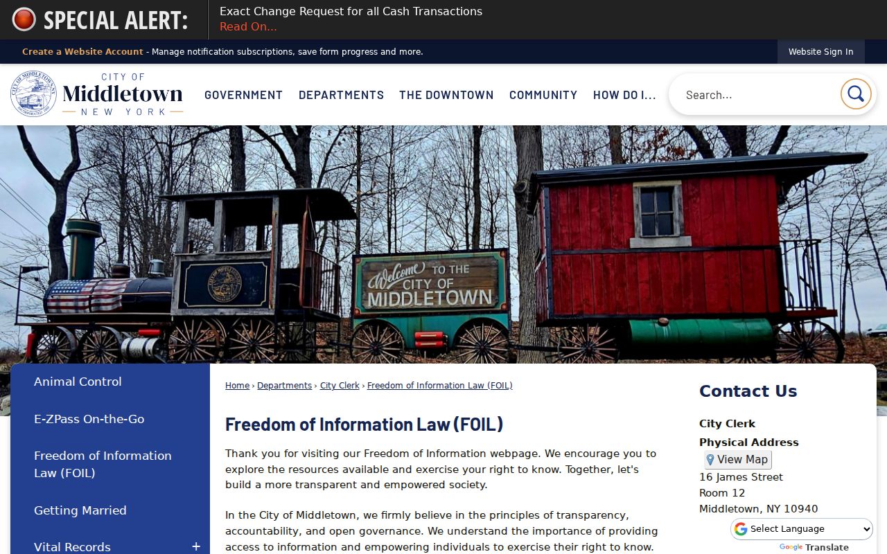 Middletown criminal record request through the online FOIL portal