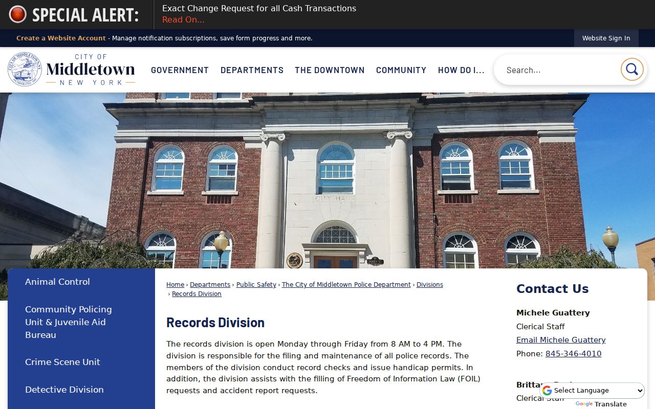 Middletown criminal history access through the police Records Division