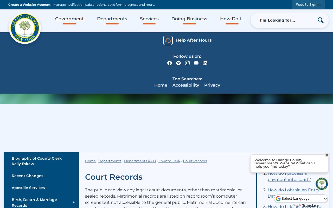 Orange County criminal court case records request page
