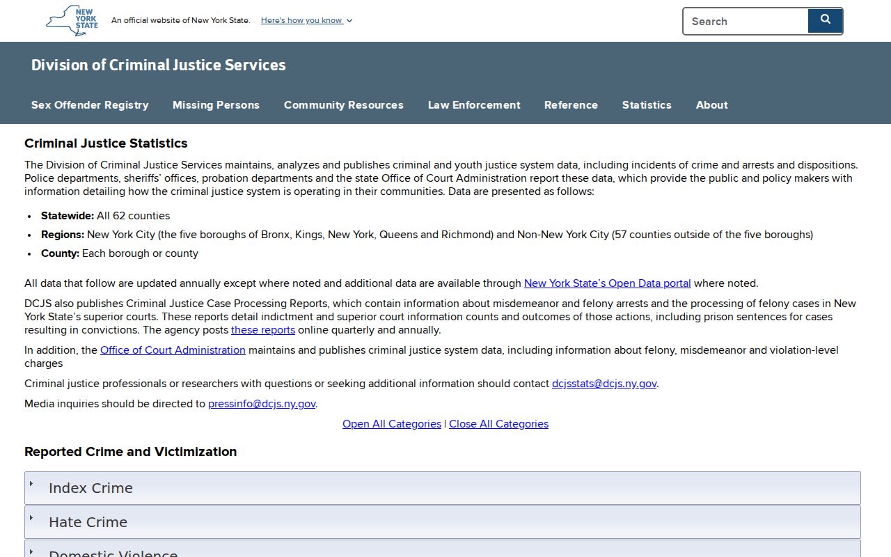 Orange County criminal history DCJS justice statistics dashboards