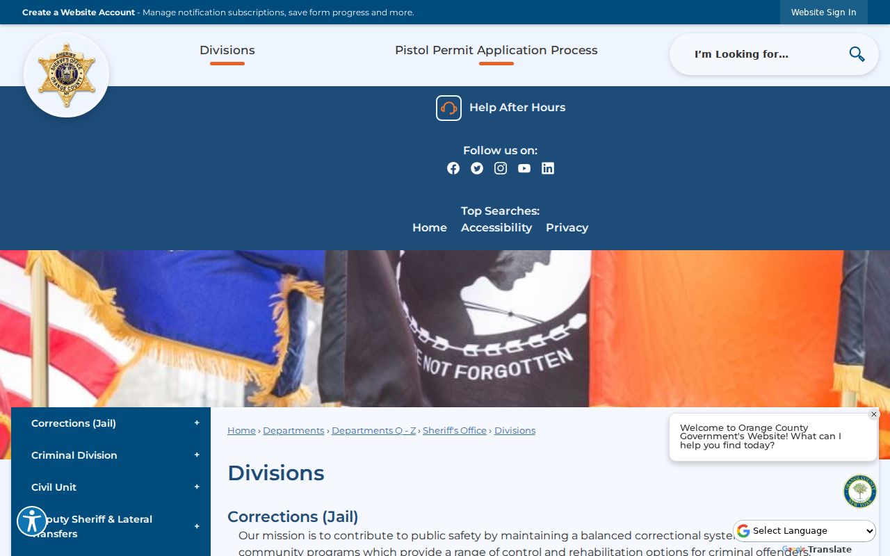 Orange County criminal records Sheriff divisions and FOIL page