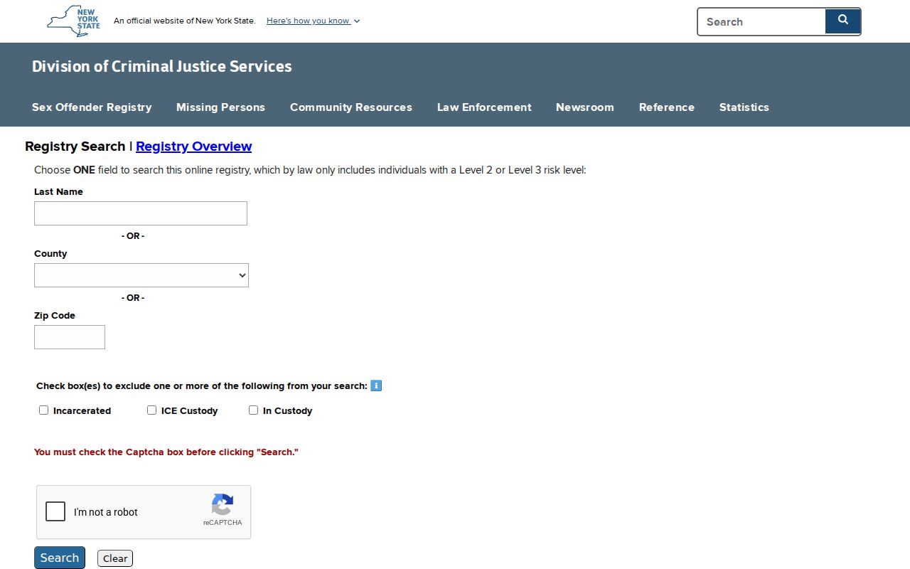 Orange County Level 2 and Level 3 sex offender directory search fields