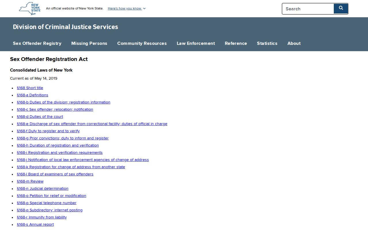 New York registry law governing Orange County sex offender information