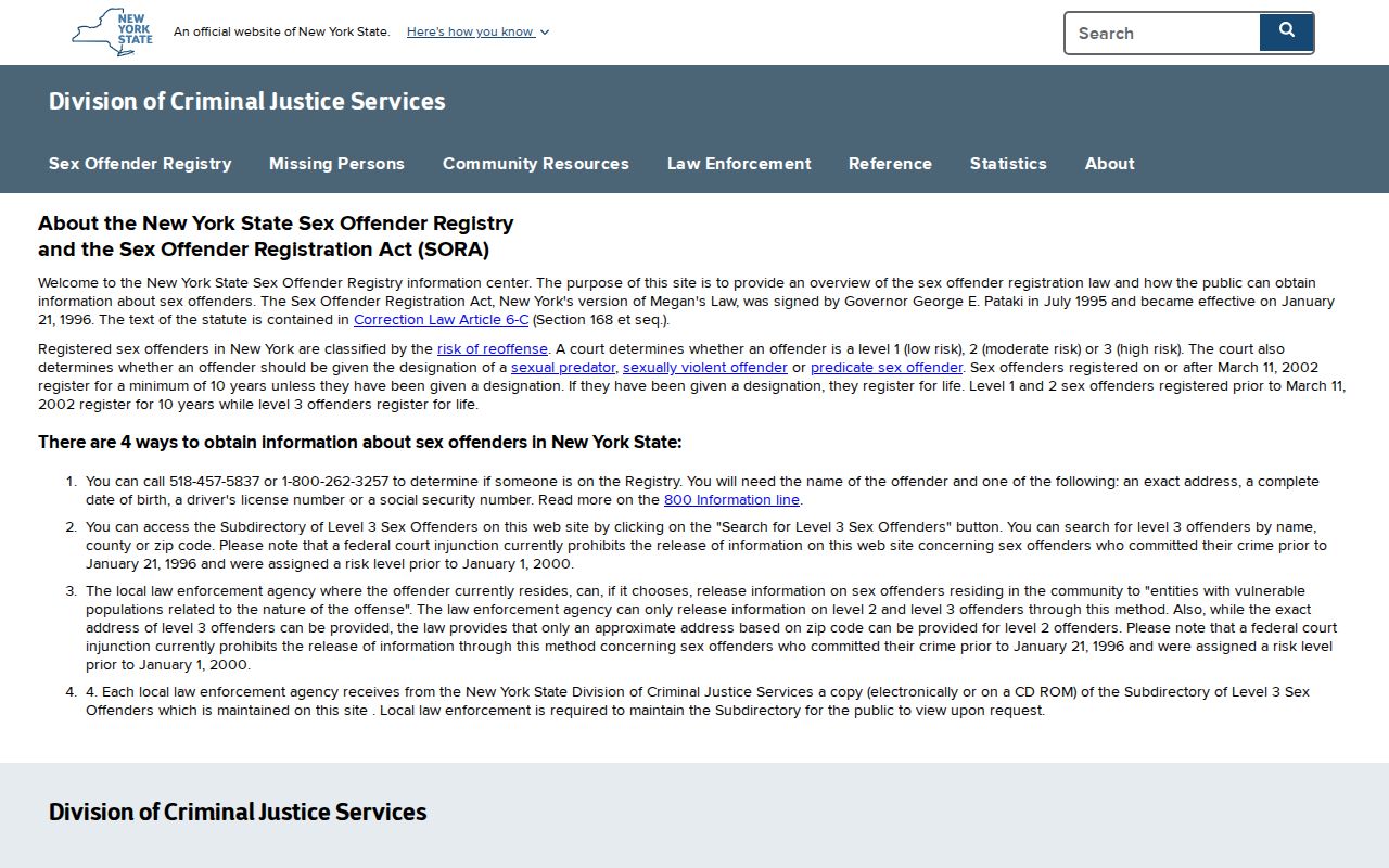 New York requirements for Orange County sex offender registry levels